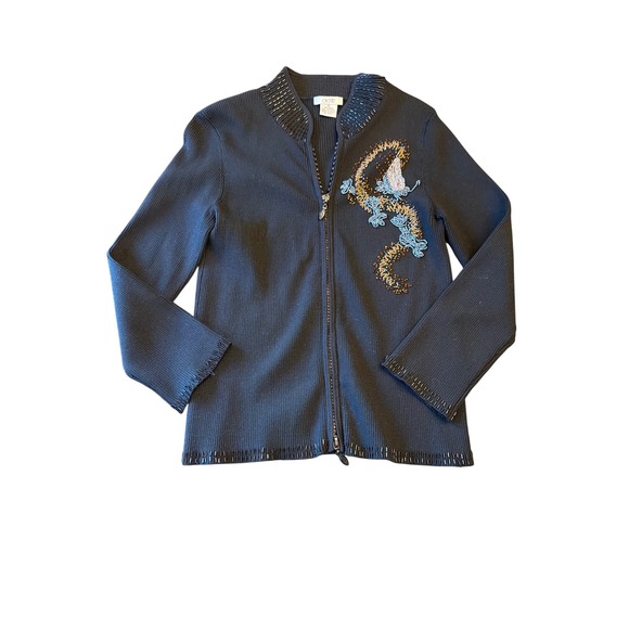 Cache Sweaters - Cache Cardigan Black Silk Blend Beaded Dragon Mock Neck Full Zip Ribbed Small